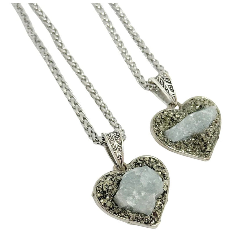 Collar Corazón De Pirita Y Aguamarina Con Cadena De Acero Aguamarina Y Pirita