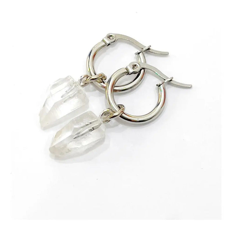 Aros Colgantes Punta Cuarzo Piedra Natural Bañados Plata 925 Punta De Cuarzo