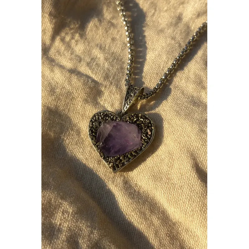 Collar Armonía Y Abundancia Corazón Amatista Pirita + Cadena Corazón Pirita Amatista