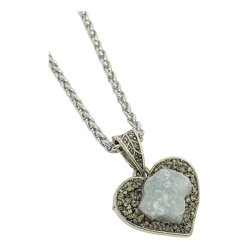 Collar Corazón De Pirita Y Aguamarina Con Cadena De Acero Aguamarina Y Pirita