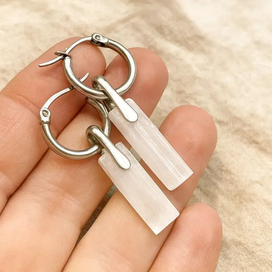 Par De Aros Colgantes Mujer Selenita Piedra Natural Pureza Selenita
