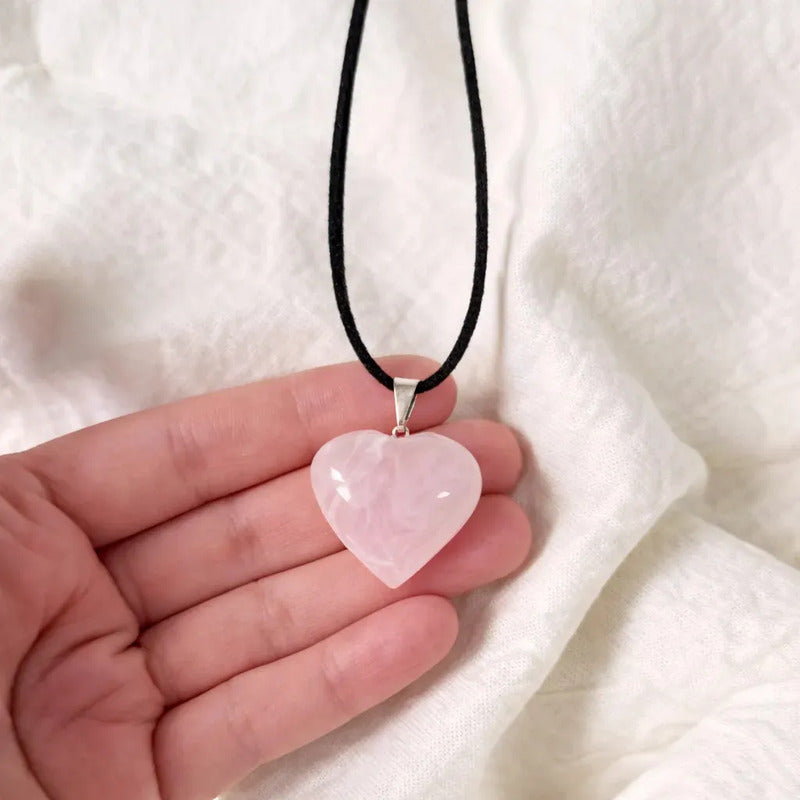 Collar Corazón De Piedra Cuarzo Rosa Grande - Amor Propio Cuarzo Rosa