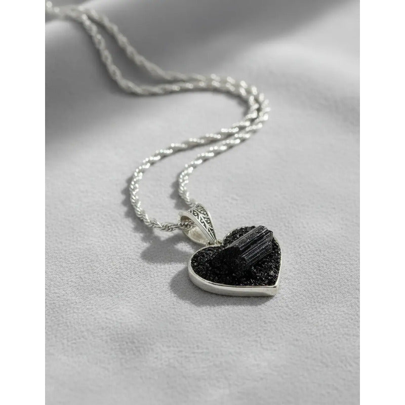 Collar Protección Corazón De Turmalina + Cadena De Acero Corazón Turmalina