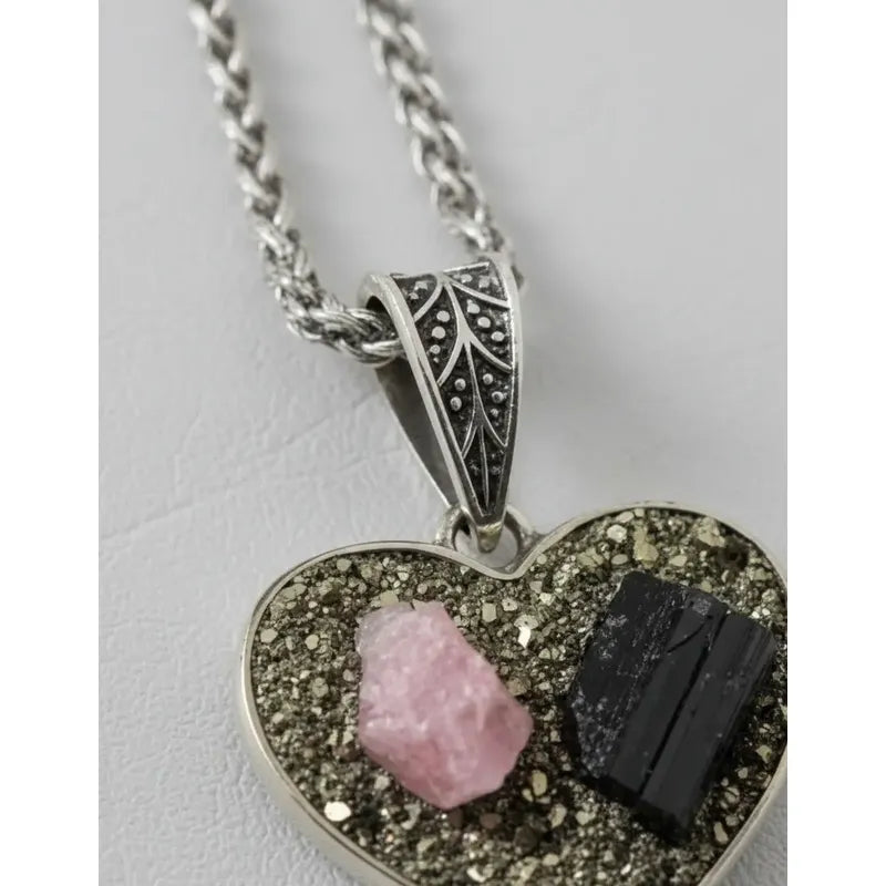 Collar Corazón Piedra Turmalina Rosa Negra Y Pirita + Cadena Corazón Pirita Y Turmalina Rosa Y Negra