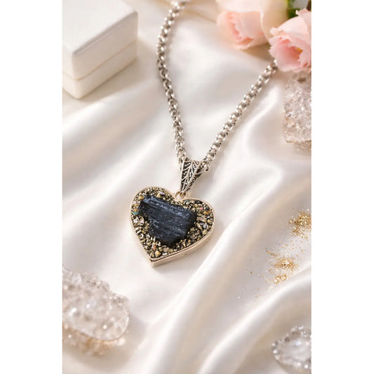 Collar Protección Corazón De Turmalina Y Pirita + Cadena Corazón Turmalina Y Pirita
