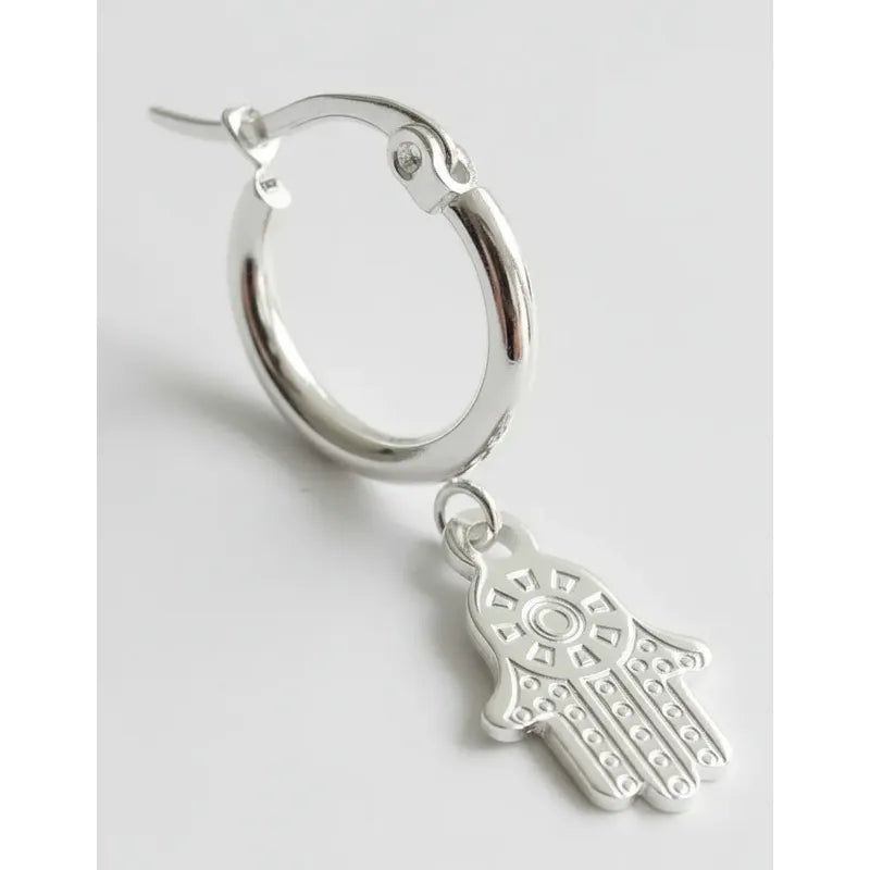 Par Aros Argollitas De Acero Quirúrgico Hamsa Mano De Fátima Gris