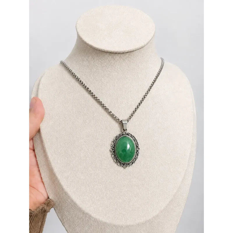 Collar Sanación Cuarzo Verde Con Cadena De Acero 50 Cm Camafeo Cuarzo Verde
