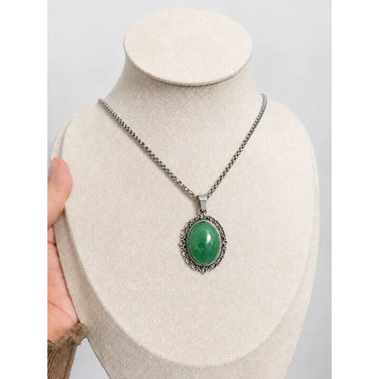 Collar Sanación Cuarzo Verde Con Cadena De Acero 50 Cm Camafeo Cuarzo Verde