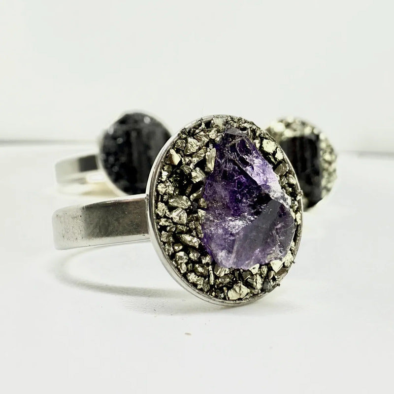Anillo Piedras Naturales Mujer Turmalina Pirita Crisocola Color Amatista Y Pirita Talle 20 Amatista Pirita
