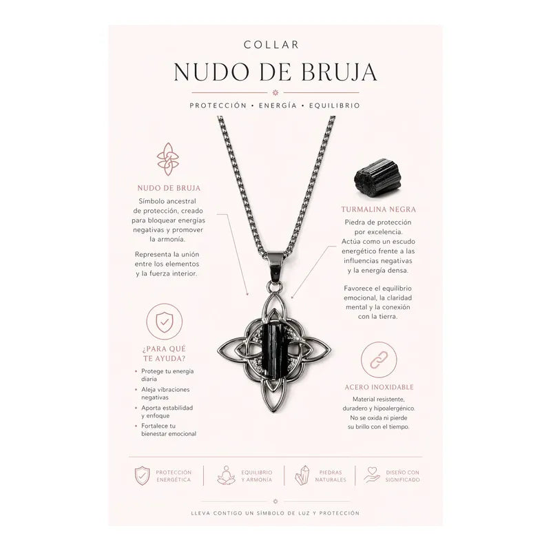 Collar Protección Nudo De Bruja Turmalina + Cadena De Acero Nudo Relieve Turmalina