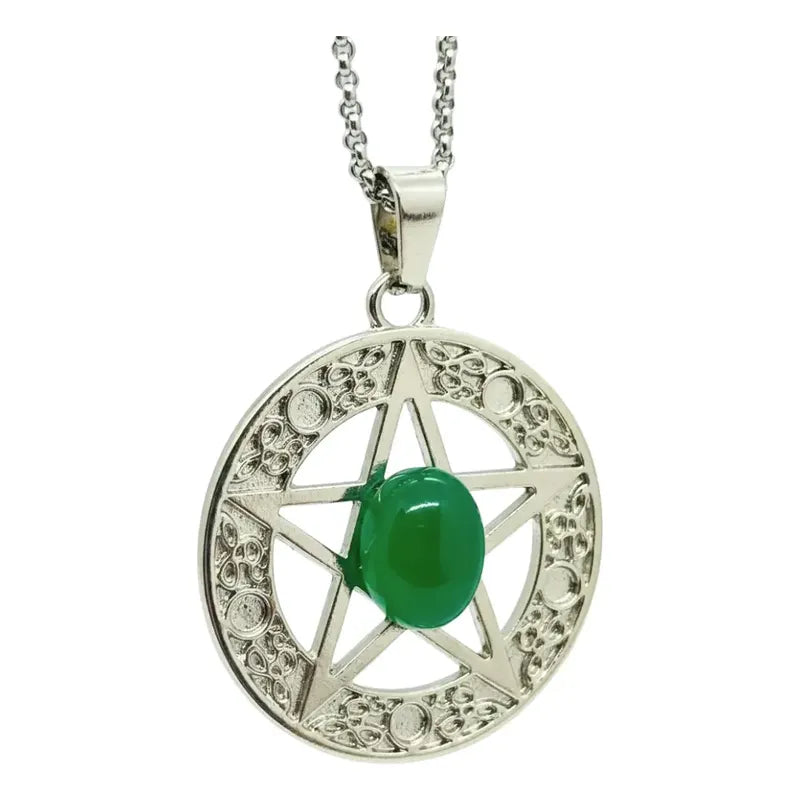 Collar Protección Pentagrama Ágata Verde + Cadena De Acero Pentagrama Agata Verde