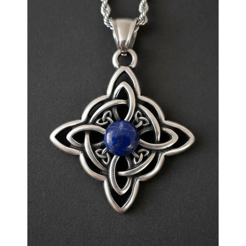 Collar Nudo De Bruja Piedra Lapislázuli + Cadena De Acero Nudo De Bruja Y Lapislázuli