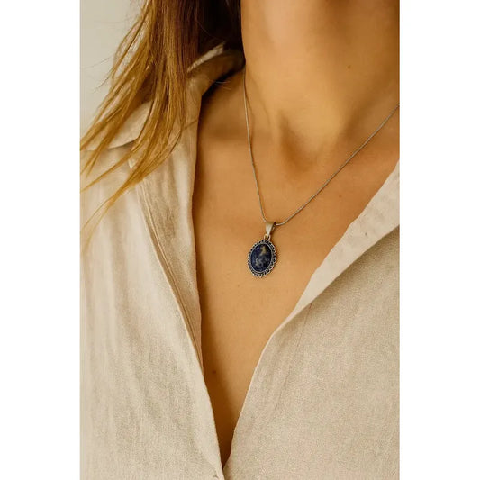 Collar Camafeo Con Piedra Lapislázuli Y Cadena De Acero Camafeo Lapislázuli
