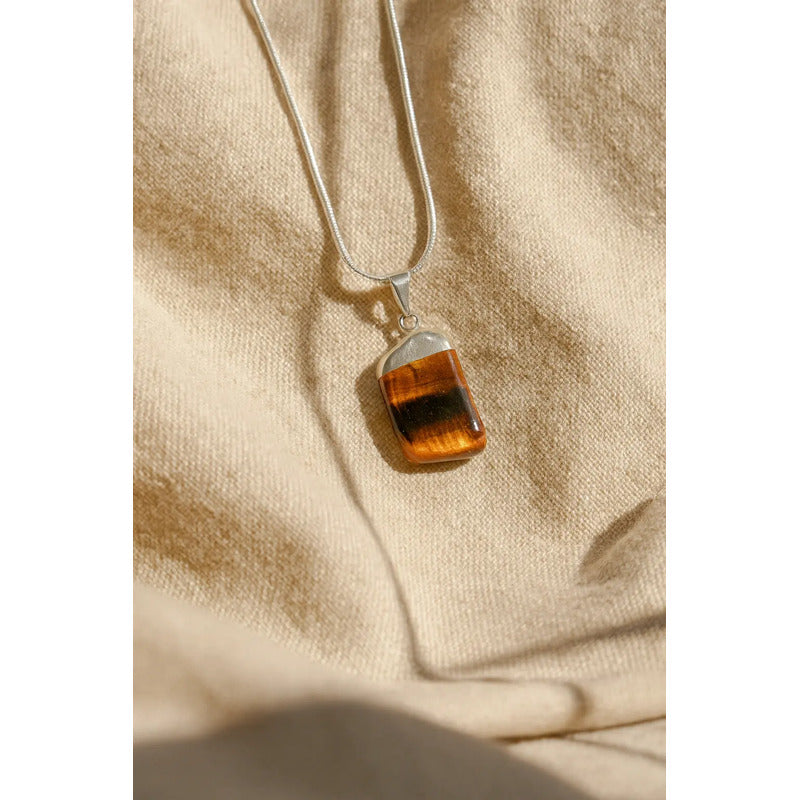 Collar Ojo De Tigre Natural + Cadena Acero Quirúrgico Ojo De Tigre Con Cadena