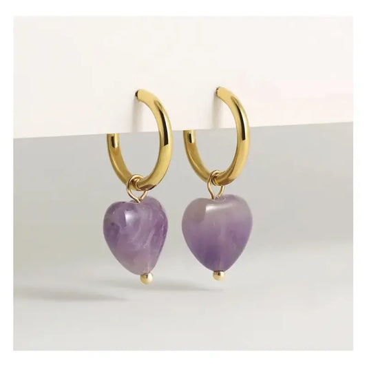 Aritos Mujer Transmutación Corazón Amatista Piedra Natural Trasmutación - Amatista