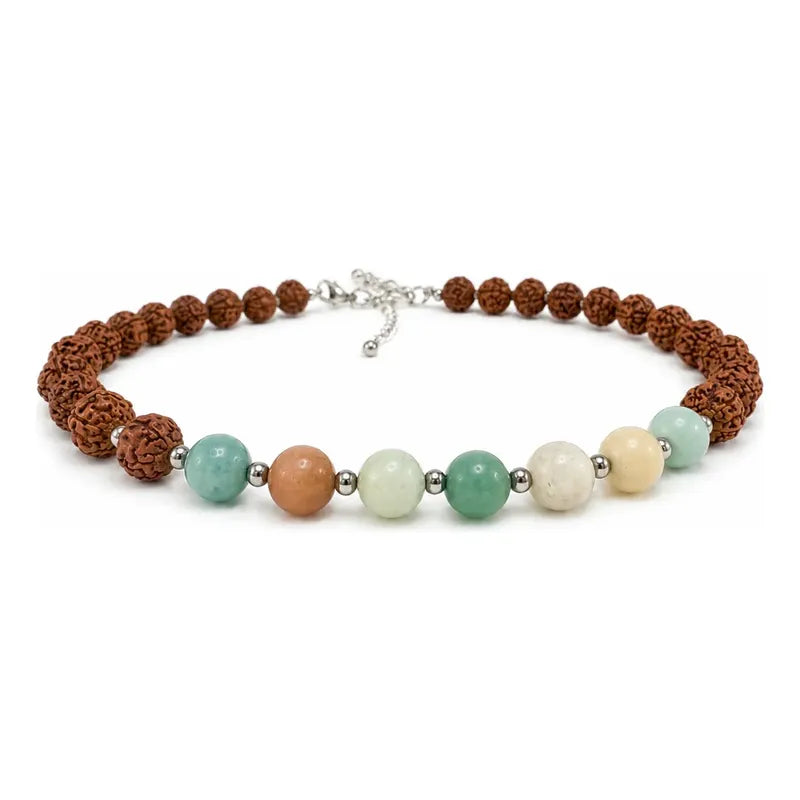 Collar Choker Mini Cuentas Piedras Naturales Delicado 40 Cm Rudraksha Y Amazonita 8 Mm.