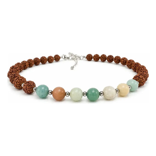 Collar Choker Mini Cuentas Piedras Naturales Delicado 40 Cm Rudraksha Y Amazonita 8 Mm.