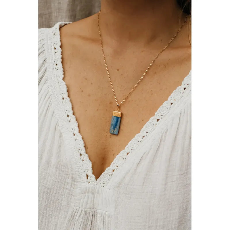 Collar Meditación Piedra Cianita Azul + Cadena Dorada Cianita Azul