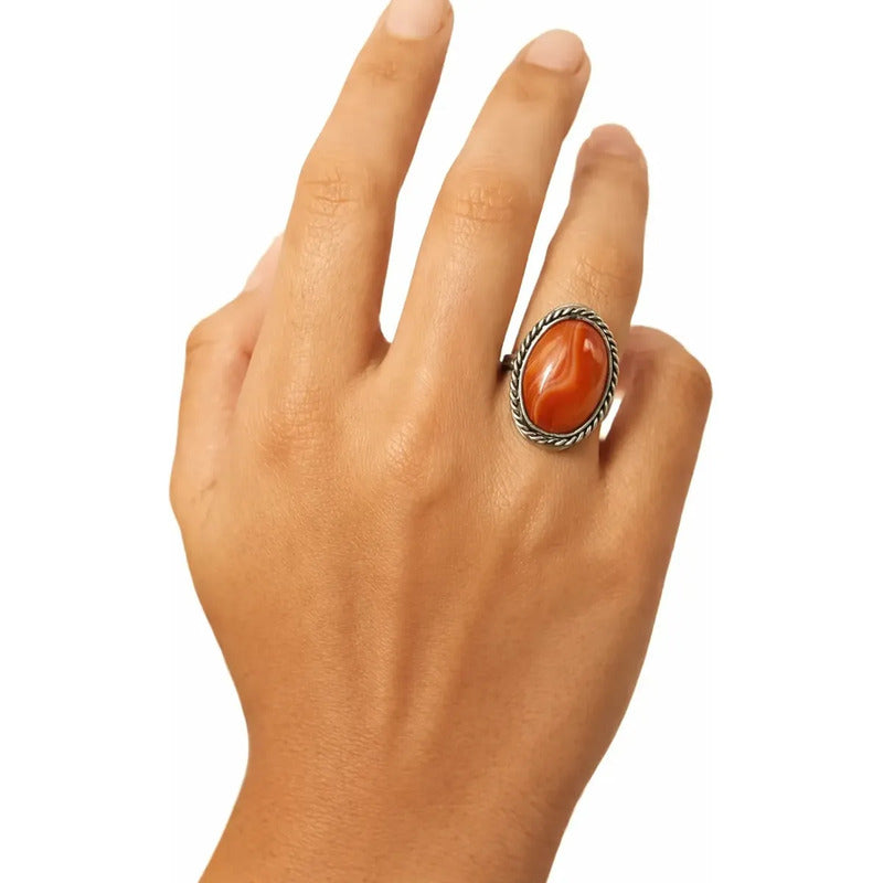 Anillo Mujer Alpaca Regulable Piedra Cornalina - Fortaleza Talle Unico Regulable Único Ajustable