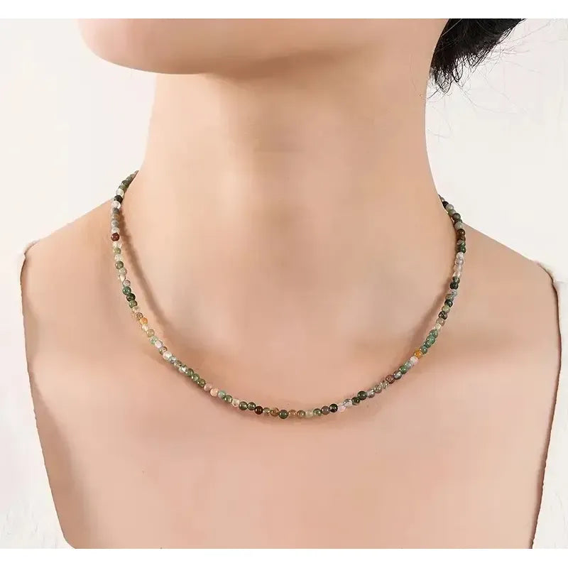 Collar Choker Mini Cuentas Piedras Naturales Delicado 40 Cm Agata Musgo