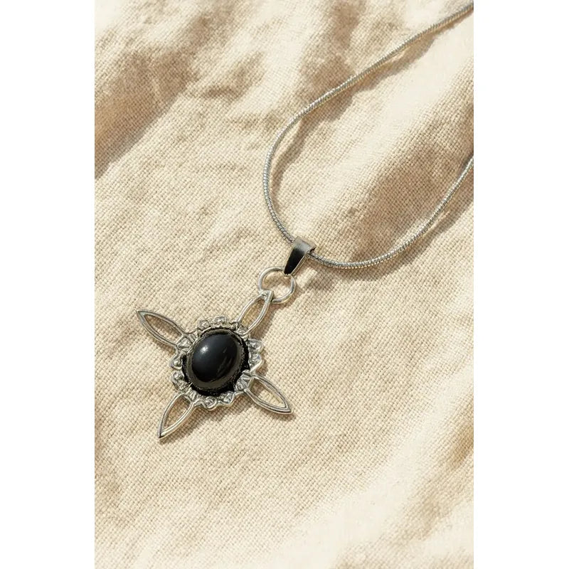 Collar Nudo De Bruja  Con Piedra Obsidiana Y Cadena De Acero Nudo De Bruja Obsidiana