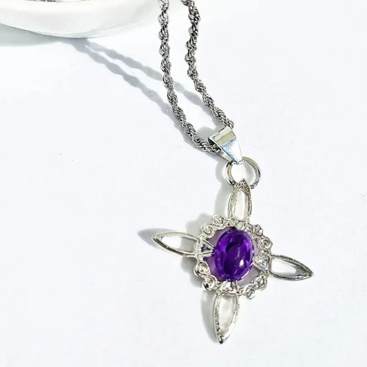 Collar Protección Nudo De Bruja + Amatista + Cadena De Acero Nudo De Bruja Y Amatista