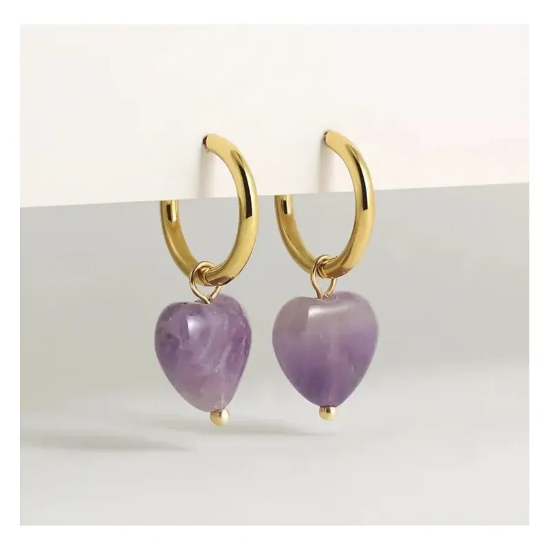 Aritos Mujer Transmutación Corazón Amatista Piedra Natural Trasmutación - Amatista