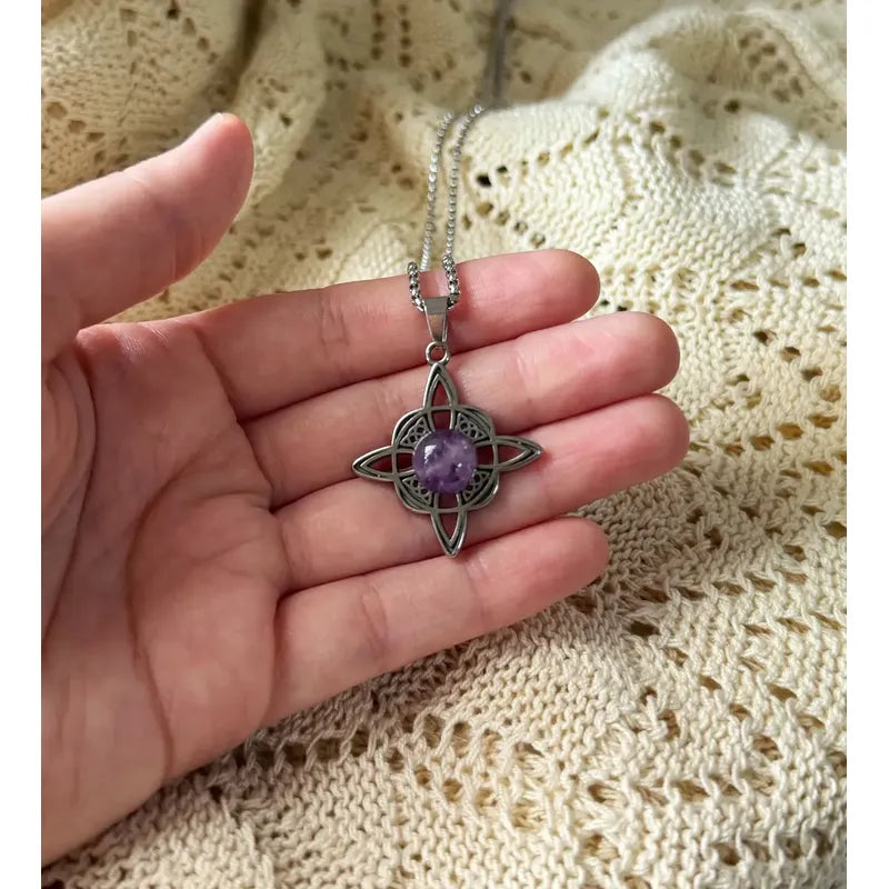 Collar Nudo De Bruja Con Triskel Y Piedra Amatista Acero Nudo De Bruja Y Amatista