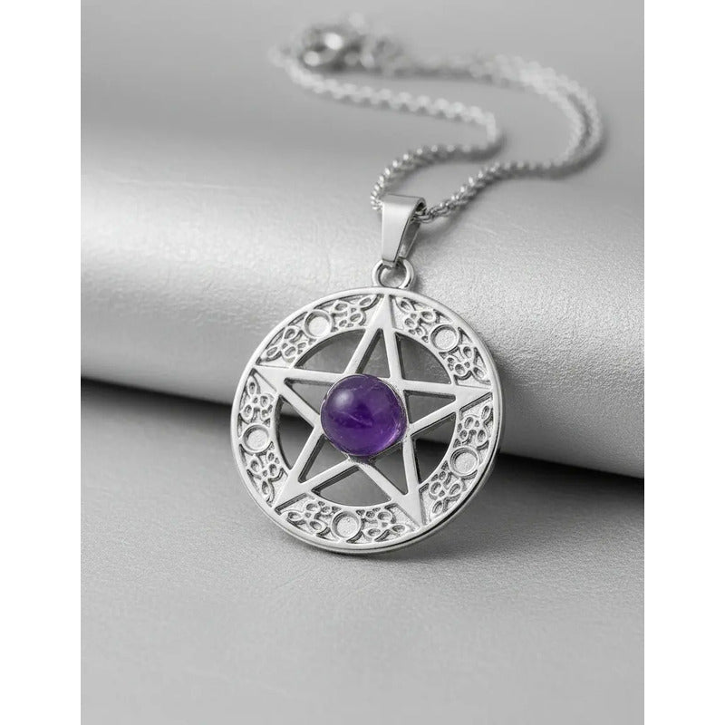 Collar Protección Pentagrama Y Amatista + Cadena De Acero Pentagrama Amatista