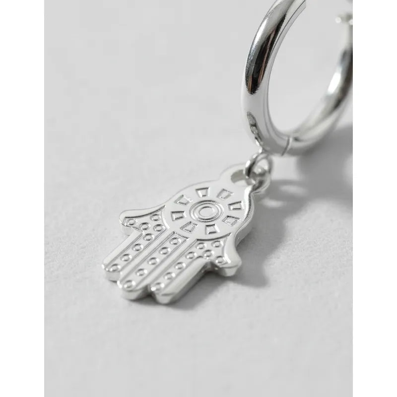 Par Aros Argollitas De Acero Quirúrgico Hamsa Mano De Fátima Gris
