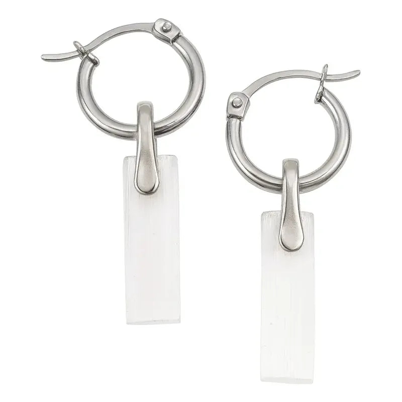 Par De Aros Colgantes Mujer Selenita Piedra Natural Pureza Selenita