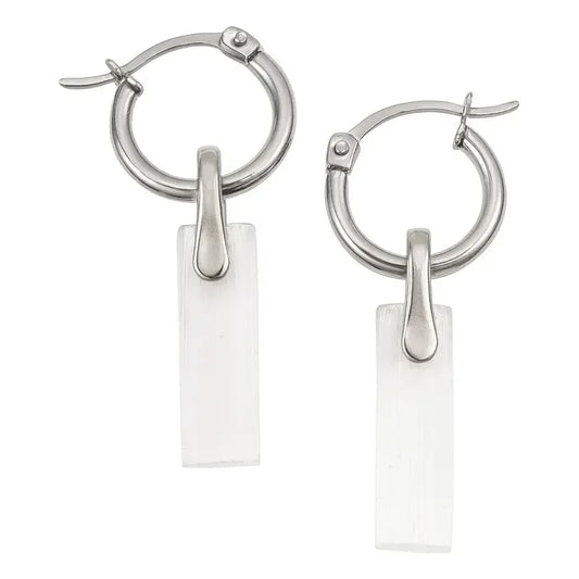 Par De Aros Colgantes Mujer Selenita Piedra Natural Pureza Selenita
