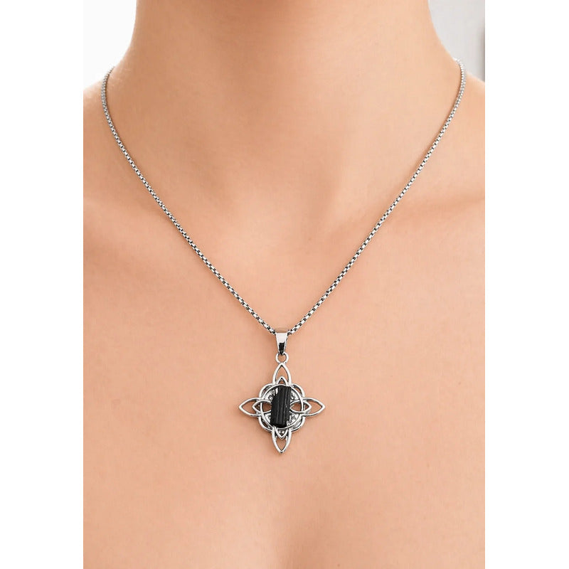 Collar Protección Nudo De Bruja Turmalina + Cadena De Acero Nudo Relieve Turmalina