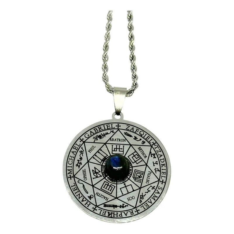 Collar 7 Arcángeles Grande De Acero Labradorita Auténtica 7 Arcángeles Con Labradorita