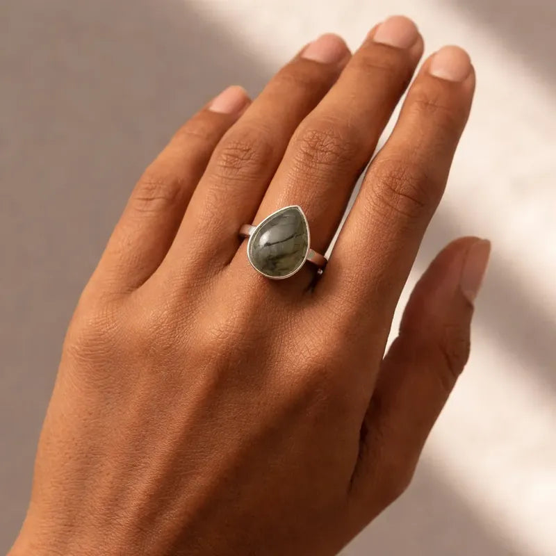 Anillo Mujer Piedras Naturales Baño De Plata Regulable Labradorita Regulable