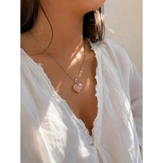 Collar Corazón De Rodocrosita Con Cadena De Acero Corazon Mini