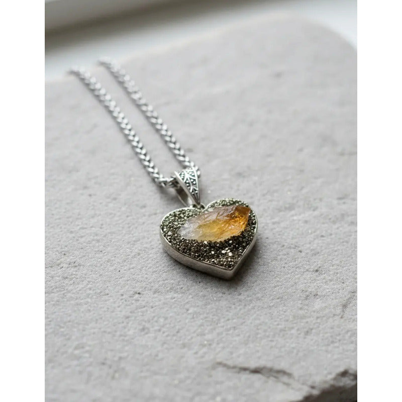 Collar Prosperidad Y Abundancia Corazón  Pirita Y Citrino Corazón Pirita Y Citrino