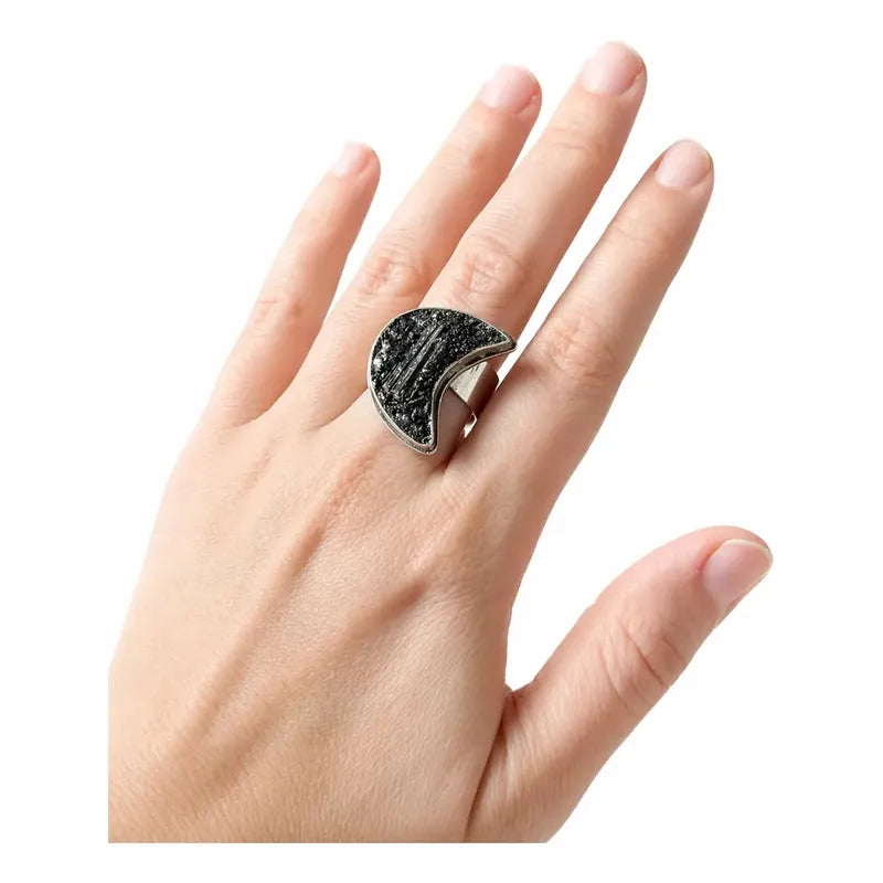 Anillo Luna Grande De Turmalina - Protección Luna Turmalina Ajustable