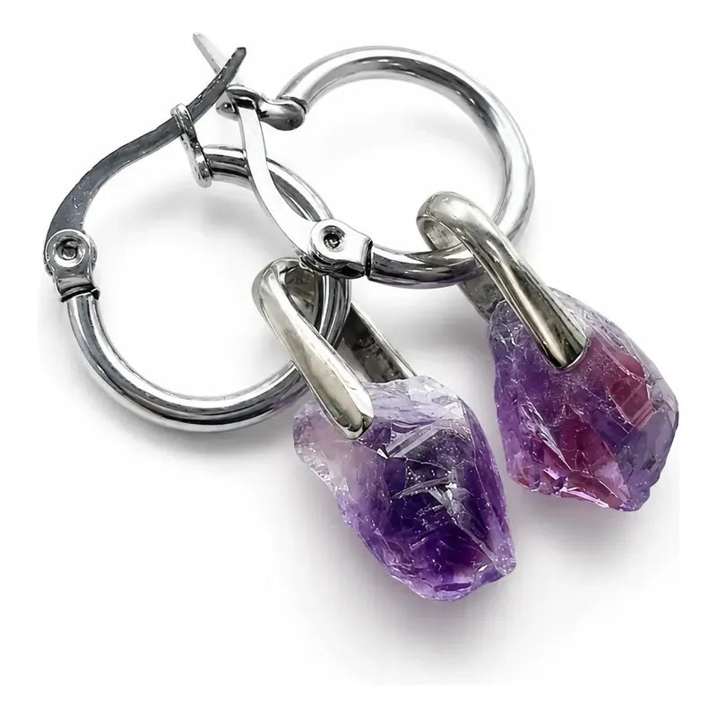 Aritos Mujer De Amatista Piedra Natural Acero Quirúrgico Violeta Oscuro