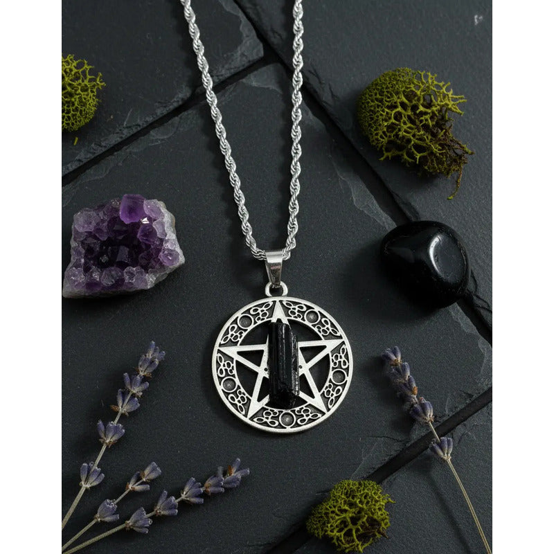 Collar Protección Pentagrama Y Turmalina + Cadena De Acero Pentagrama Turmalina