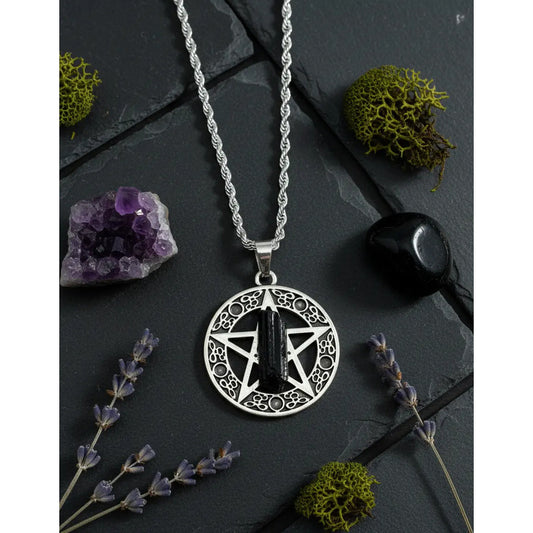 Collar Protección Pentagrama Y Turmalina + Cadena De Acero Pentagrama Turmalina