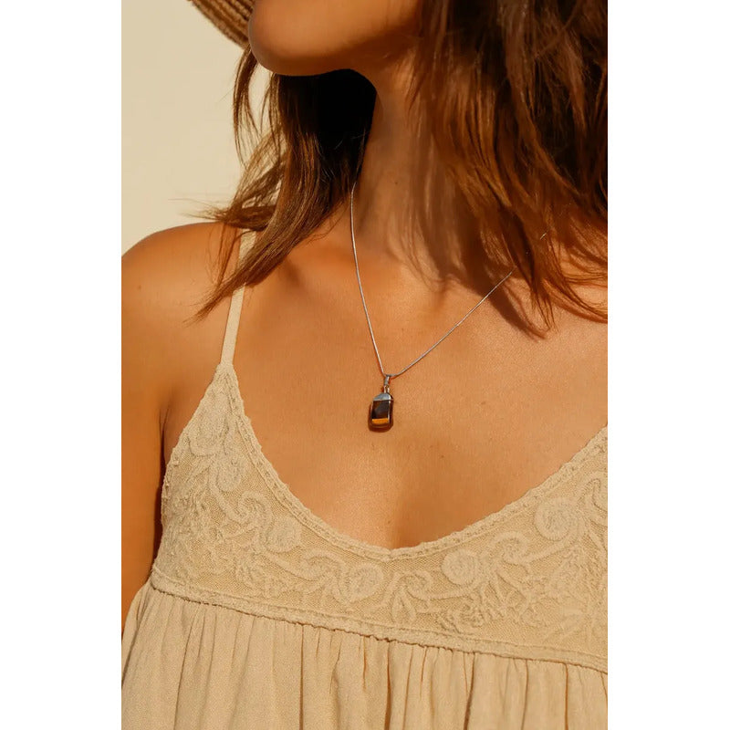 Collar Ojo De Tigre Natural + Cadena Acero Quirúrgico Ojo De Tigre Con Cadena