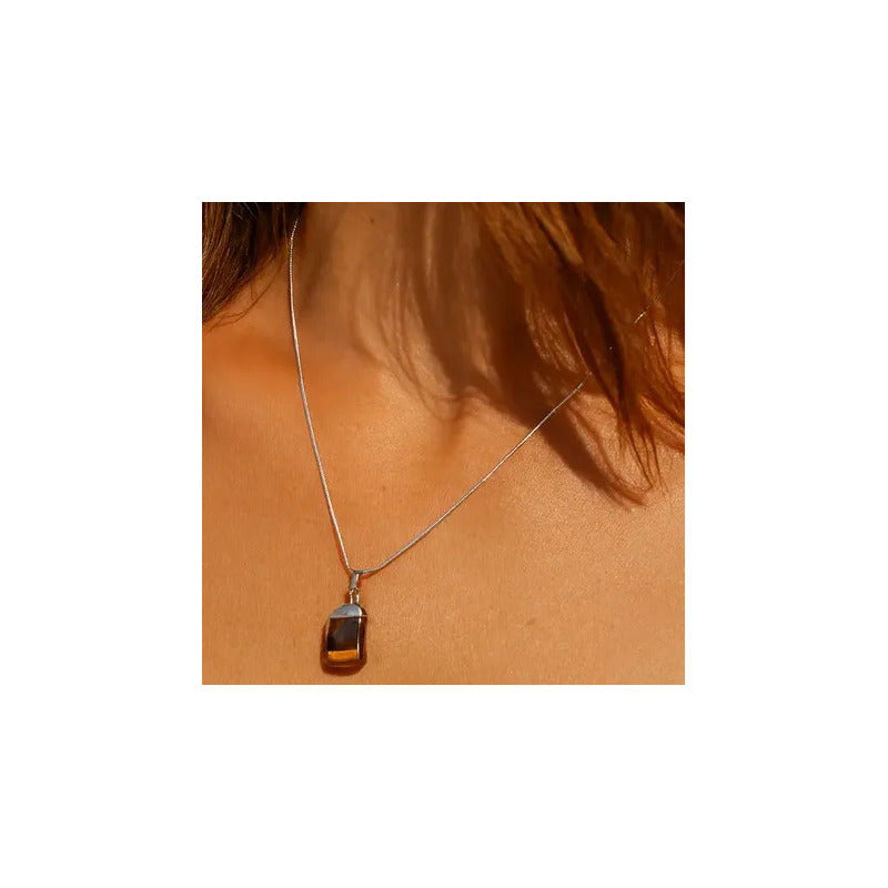 Collar Ojo De Tigre Natural + Cadena Acero Quirúrgico Ojo De Tigre Con Cadena