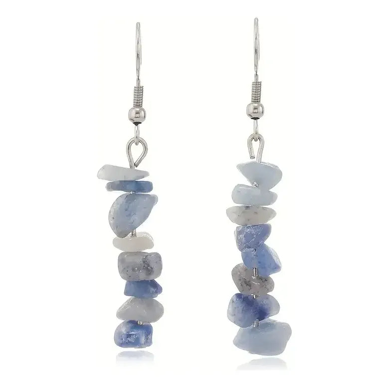 Par De Aros Colgantes De Piedra En Escalla Natural Y Acero Cuarzo Azul