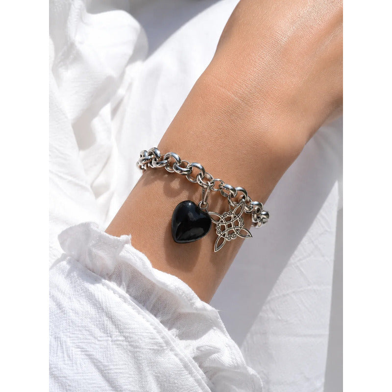 Pulsera Protección De Nudo Bruja Y Corazón Piedra Natural Obsidiana 8 Cm 20 Cm