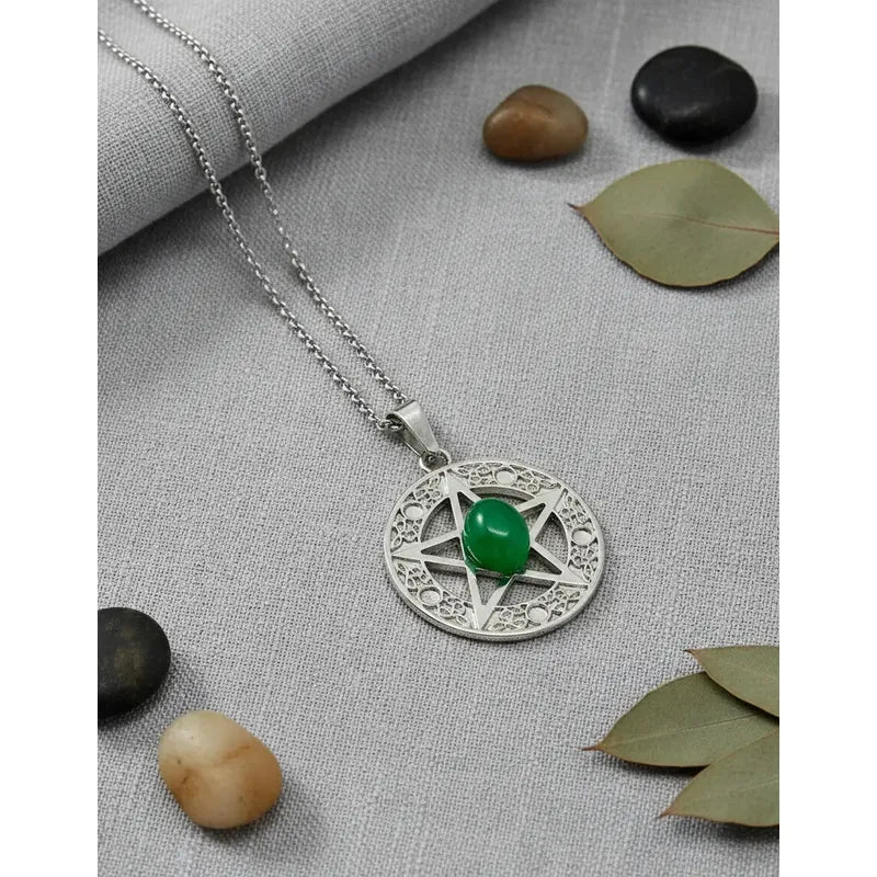 Collar Protección Pentagrama Ágata Verde + Cadena De Acero Pentagrama Agata Verde