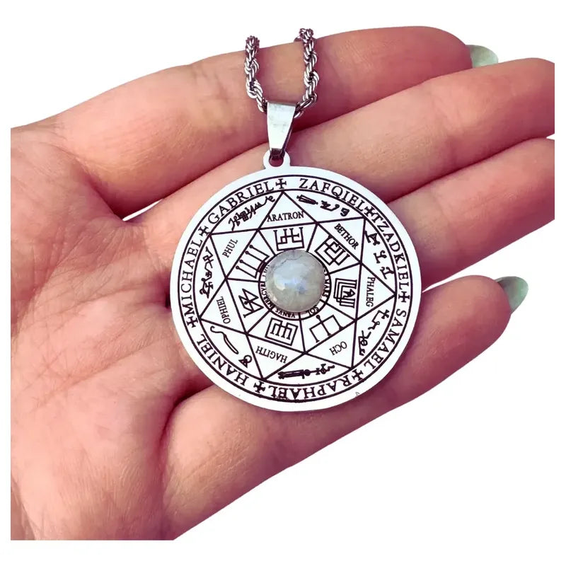 Collar 7 Arcángeles Grande De Acero Con Piedra De La Luna 7 Arcángeles Con Piedra De La Luna