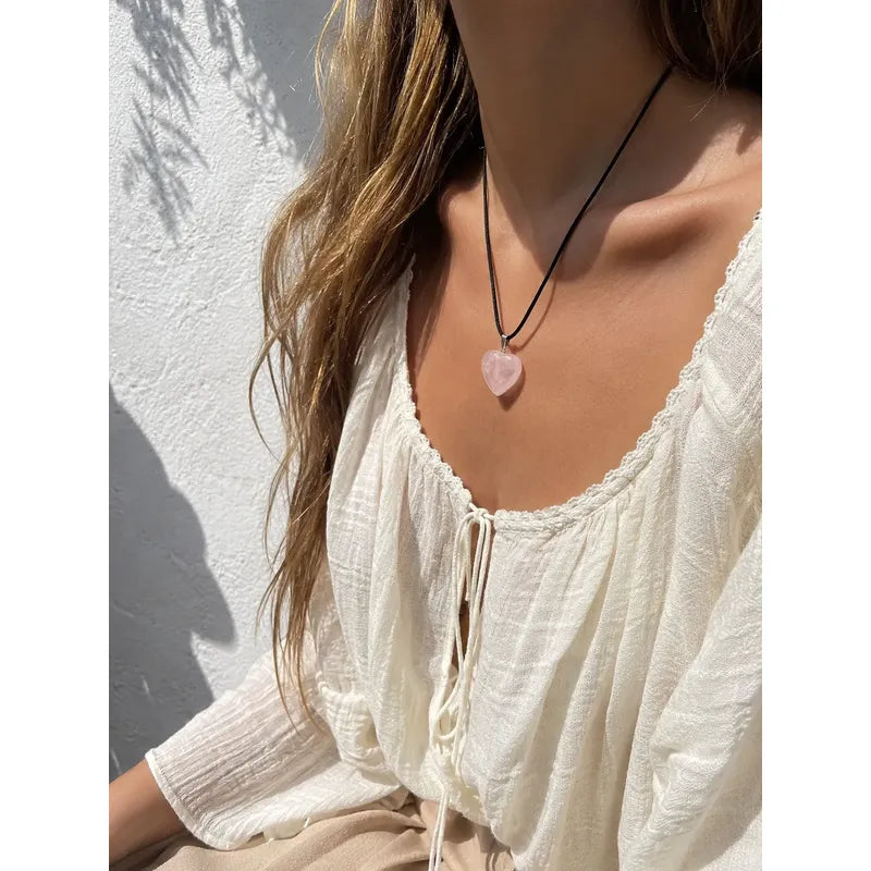 Collar Corazón De Piedra Cuarzo Rosa Grande - Amor Propio Cuarzo Rosa