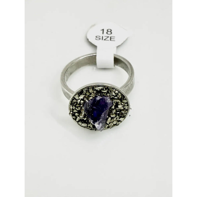 Anillo Piedras Naturales Mujer Turmalina Pirita Crisocola Color Amatista Y Pirita Talle 17 Amatista Pirita