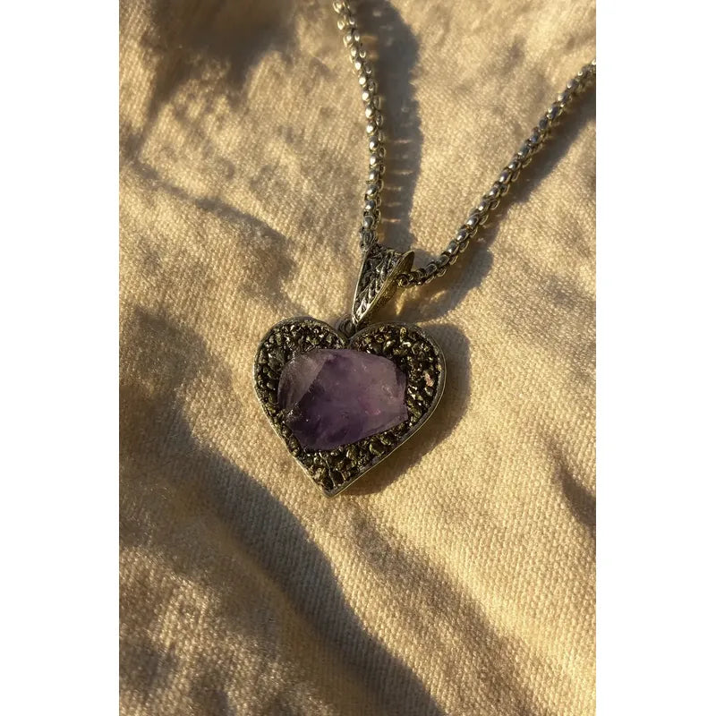 Collar Armonía Y Abundancia Corazón Amatista Pirita + Cadena Corazón Pirita Amatista